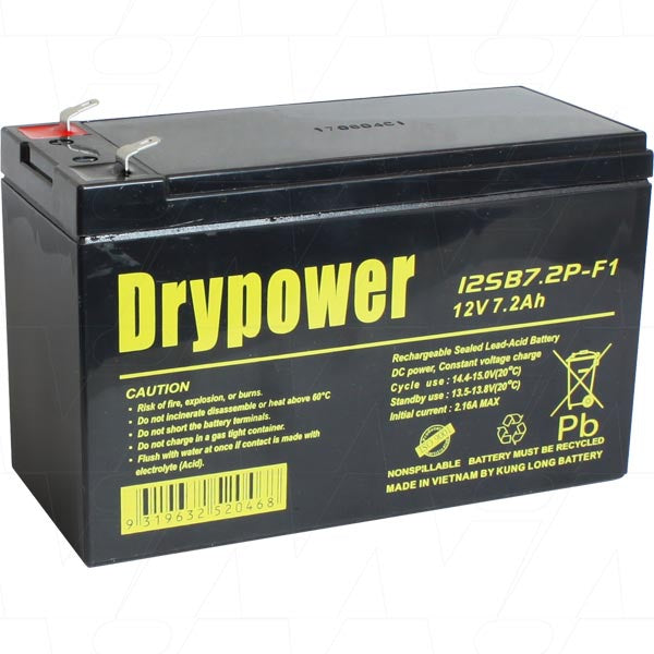 12SB7.2P-F1 Drypower 12V 7.2Ah Sealed Lead Acid Battery replaces