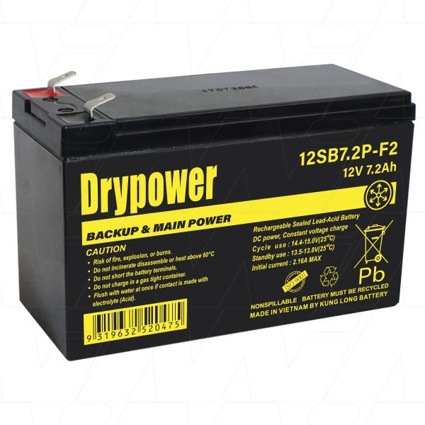 12SB7.2P-F2 Drypower 12V 7.2Ah Sealed Lead Acid Battery