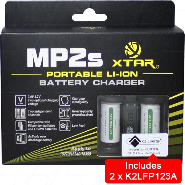 MP2S-K2 XTAR 2 Cell Charger with 2 K2LFP123A LiFe04 Batteries