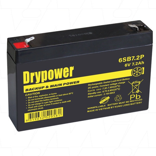 6SB7.2 Drypower 6V 7.2Ah Sealed Lead Acid Battery